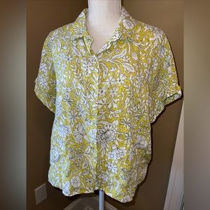 Rachel Ashwell Sz L 100% Linen Floral Short Sleeve Shirt Yellow